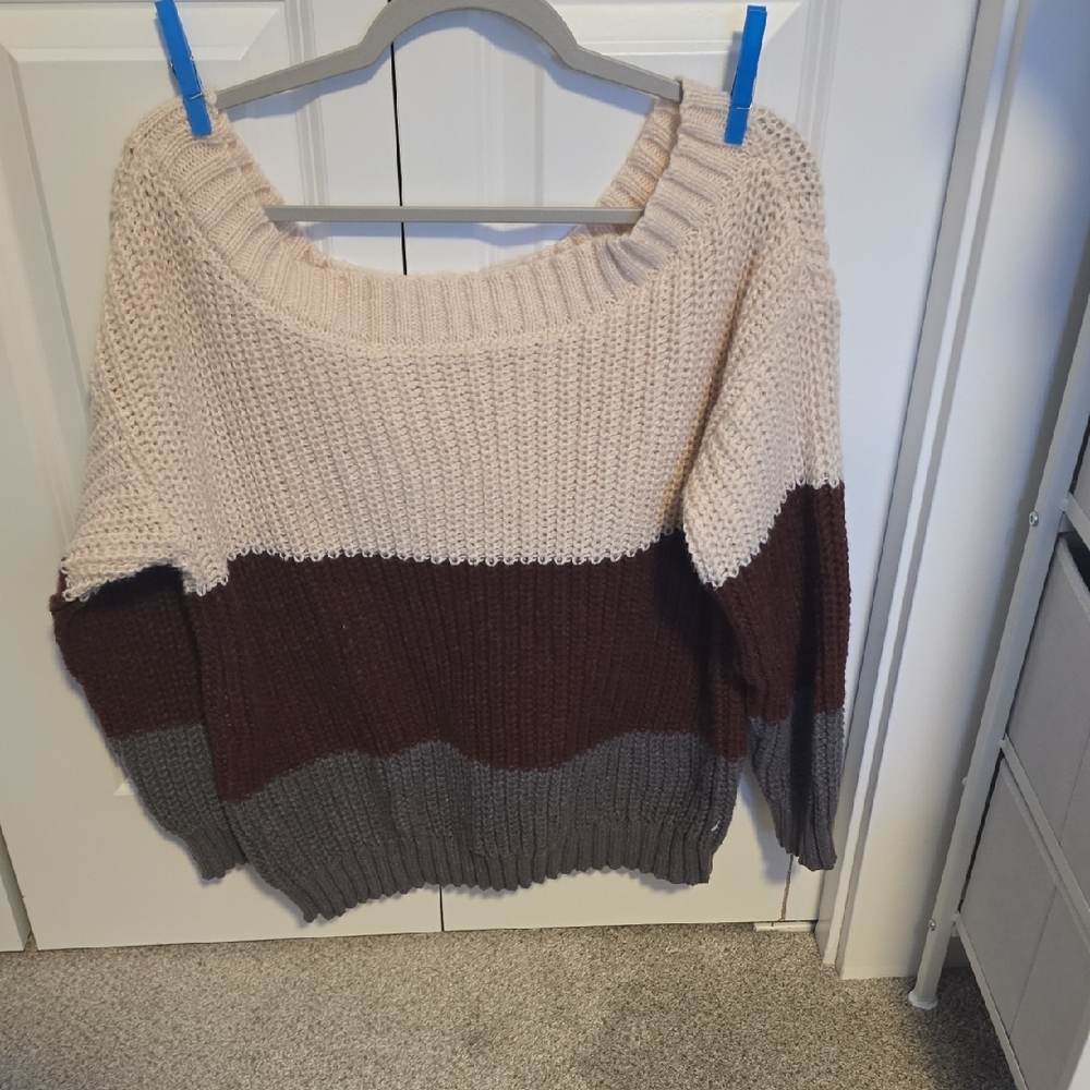 Colorblock Knit Sweater - Cream, Brown, and Gray